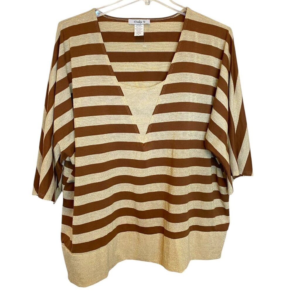 Only 9 Womens Striped V-Neck Brown & Gold Knit Top Size 3X Party Glam Night Out
